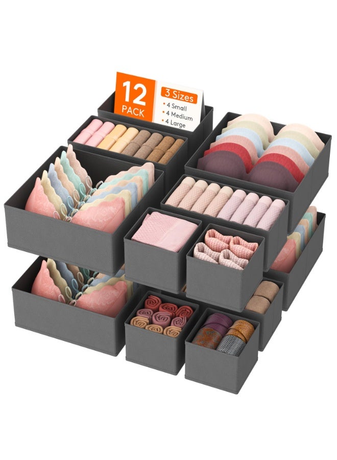 LODROC 12 Pack Drawer Organisers, Foldable Storage Box Fabric Drawer Dividers Wardrobe Storage Organiser Storage Cubes for Closet, Dresser, Nursery, Bedroom, Foldable Cube Boxes for Clothes, Pants, Underwear, Sock, Bras Organization, Grey - Image 1